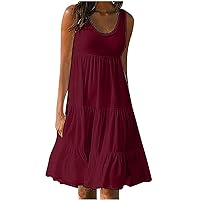 Womens Summer Casual Dress 2024 Sleeveless Sundress Solid Color Tiered Swing A Line Mini Beach Vacation Dresses (X-Large, Wine)