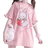 Kawaii Oversized T-Shirt Cute Pink Anime Shirt Japanese Harajuku Tee Rabbit Cat Teen Girl Plus Size