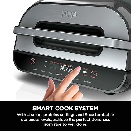 Ninja FG551 Foodi Smart XL 6-in-1 Indoor Grill with Air Fry, Roast, Bake, Broil & Dehydrate, Smart Thermometer, Black/Silver