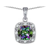 Solid 14k White Gold Cushion-Cut Halo Pendant Necklace