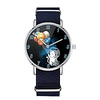Outer Space Cat Nylon Watch for Men and Women, Cosmos Travel Art Theme Unisex Wristwatch, Balloon Planets Lover Gift Idea