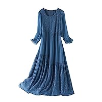 Women's Mulberry Silk Dress,Loose,Embroidered Design