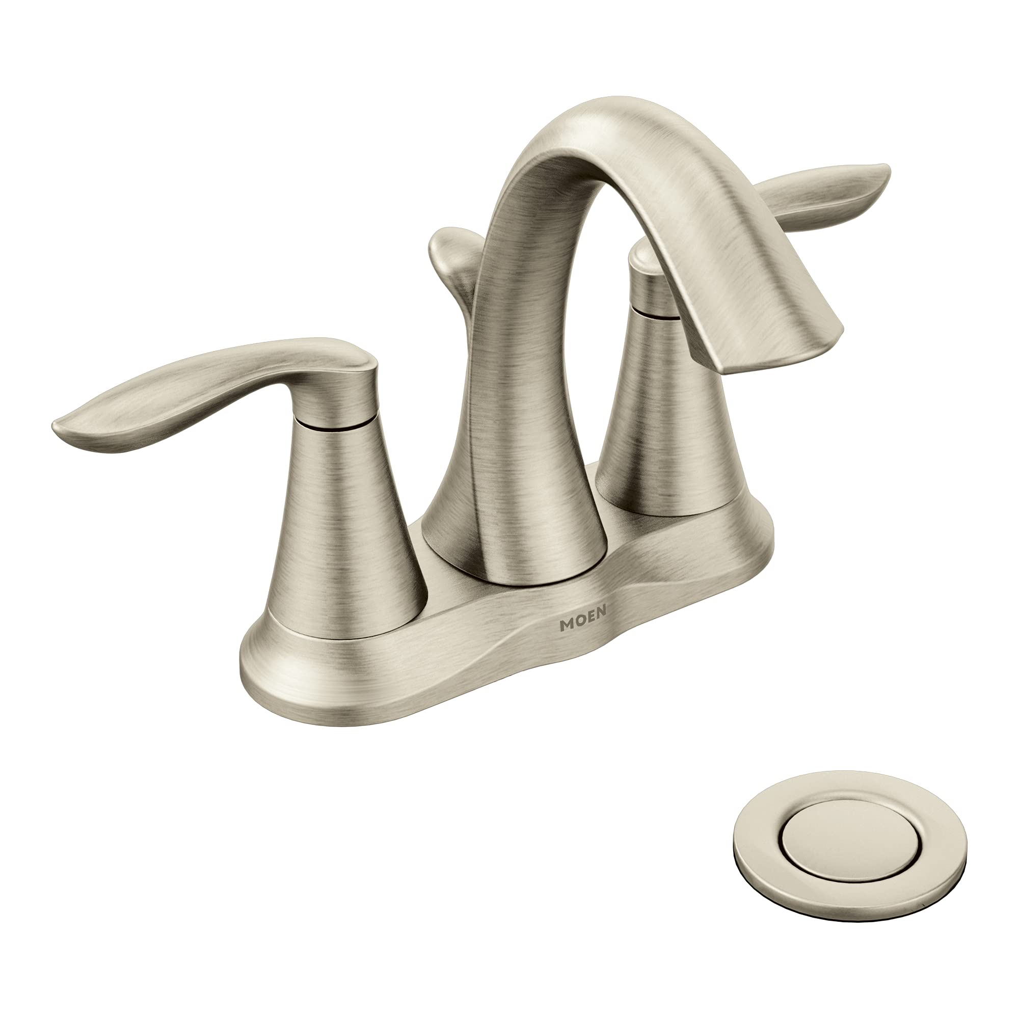 Moen Eva Brushed Nickel Two-Handle 4-Inch Centerset Bathroom Faucet with Drain Assembly, Bathroom Faucets for Sink 3-Hole, 6410BN, 0.5