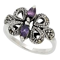Sterling Silver Marcasite Butterfly Ring, w/Marquise Cut Amethyst CZ, 1/2 inch (15 mm) Wide
