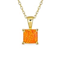 Traditional Dainty 1.25 CT Square Solitaire Princess Cut Blue White Orange Created Opal Gemstone Pendant Necklace For Women Teens 14K Yellow Gold Plated .925 Sterling Silver October Birthstone