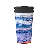 Beach Sunset Ocean Waves Print Reusable Coffee Cup - Vacuum Insulated Coffee Travel Mug For Hot & Cold Drinks