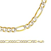Solid 14k Yellow White Gold Necklace Figaro Pave Chain Diamond Cut Two Tone Big Heavy 6.9 mm 26 inch