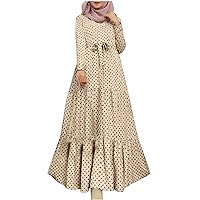 Maxi Dresses for Women's Loose Empire Waist Kaftan Dress Polka Dot Printed Muslim Ladies Long Sleeves Prayer Dress