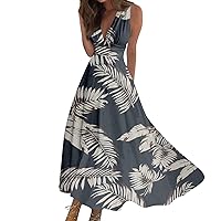 Summer Dresses for Women 2024 Flowy Maxi Dress Sleeveless Elegant Sundresses Wrap V Neck Floral Print Beach Dress