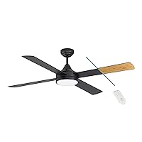 EGLO Trinidad Ceiling Fan, 4 Blades Fan with Light, Black, Reversible Blades Made of MDF in Black or Oak, Remote Control, Summer Winter Operation, Warm White - Cool White, Dimmable, Diameter 122 cm