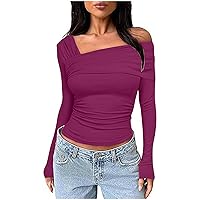 Womens Fashion Shirts Long Sleeve Y2k Tops Scoop Neck Tight Tees Off Shoulder Tshirts Going Out Blouses Soft T Shirts
