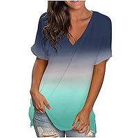 Women's Plus Size T-Shirts Summer V Neck Short Sleeve Blouse Trendy Breathable Relaxed Fit Beach Shirts Gradient Casual Tops