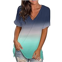 Women's 2024 Summer Tunic Tops Fashion Gradient Printed V-Neck Short Sleeve Pullover Blouse Loose Casual T-Shirts