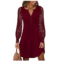 Fall Winter Long Sleeve Dress for Women,Casual Button Down Trendy Formal Elegant Smocked Flowy Sexy Lace Midi Dress