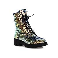 Womens Fashion Chunky Heel Sequin Ankle Booties Cool Lace Up Glitter Combat Boots