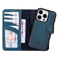 BOULETTA for iPhone 15 Pro Case Magsafe Compatible Full Grain Leather, Magnetic Detachable Folio Phone Wallet Case (2 in 1) - 4 Card Holders with RFID Blocking 6.1 inch, Blue