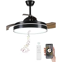 Retractable Bluetooth Ceiling Fan with Light and Speaker, LED Colour Light Chandelier Ceiling Fan, 42 Inch 6 Speed Invisible Reversible Ceiling Fan，APP Control and Remote Control (Black)