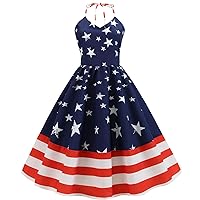 Women's Patriotic American Flag Sleeveless Swing Dress Summer Independence Day Vintage Dress July 4th Theme Sundress E Red