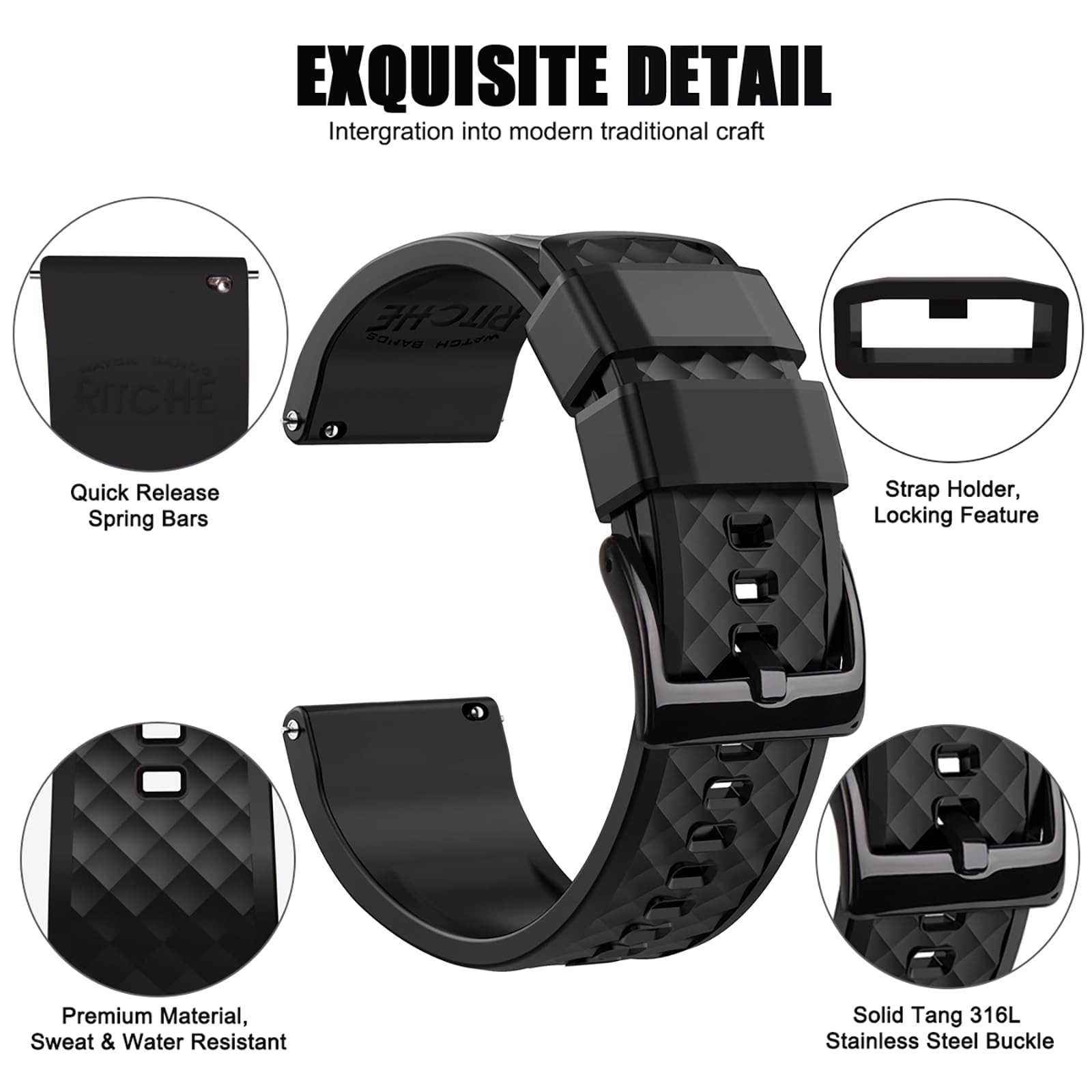 Ritche Silicone Watch Bands 18mm 20mm 22mm 24mm Quick Release Rubber Watch Bands for Men