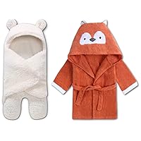 BlueMello Baby Swaddle Blanket & Fox Bathrobe Bundle | Ultra-Soft Plush Essential for Infants 0-6 Months | Ideal Newborn Registry and Toddler Boy Accessories| Perfect Baby Girl Shower Gift