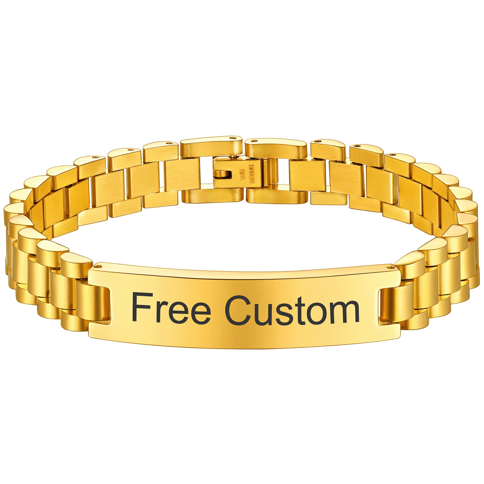 ChainsHouse Wristband ID Bracelets for Men, Stainless Steel/18K Gold/Black Metal Plated, Personalized Engrave Chunky Bracelet Bangle, with Removal Tool, 15MM/15.5MM Width, 8.27-8.66 Inch Length