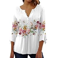 Short Sleeve Blouse Ladies Top Floral Print V-Neck Short Sleeve Button T-Shirt