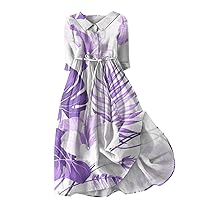 Flower Dresses for Women 2024, Womens Floral Print Lapel Buttoned 3/4 Sleeves Strappy Bright Dress, S, 3XL