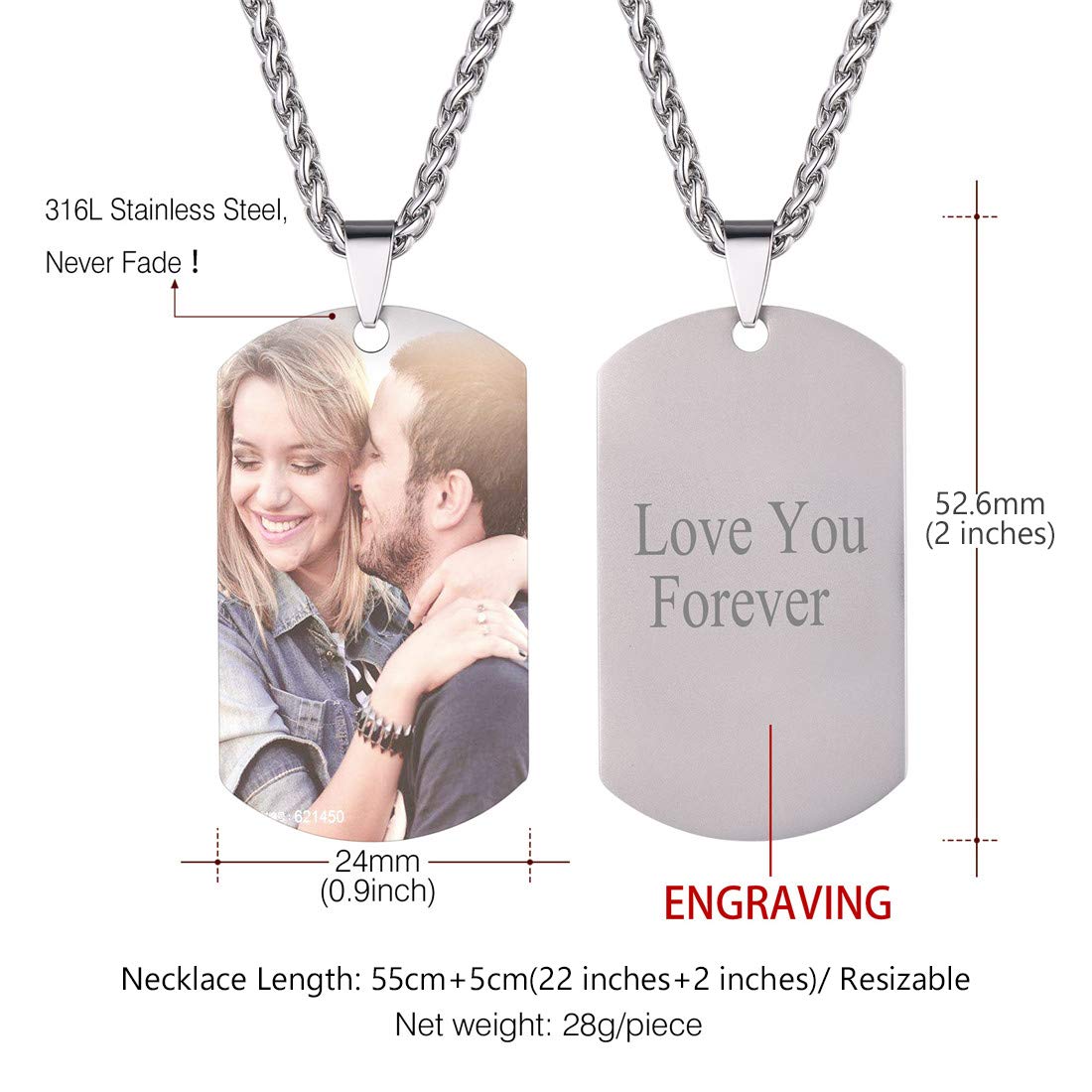 U7 Picture Necklace Personalized Photo Pendant for Men Women Customized Gift Jewelry Stainless Steel/Gold Plated Engraving Pendant Customized Dog Tag Necklace Hip Hop Jewelry with Chain 22 Inch
