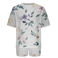 Workout Outfits for Women 2 Piece Tracksuit Set Flowers Printed Yoga Suit Sweatsuit Short Sleeve Crew Neck T Shirt Blouse and Plain Cycling Shorts Loungewear Sport Suit Clothes Athletic Fitness