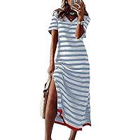 Dokotoo Summer Dress Casual Womens Fashion Short Sleeve Maxi Dress T Shirt Dress Striped Long Color Block Maxi Dress