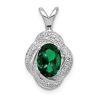 925 Sterling Silver Polished Diamond and Created Emerald Pendant Necklace Measures 16x10mm Wide Jewelry for Women