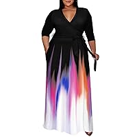 Runwind Plus Size Dresses for Women Gradient Maxi Dress Flowy 3/4 Sleeve with Belt