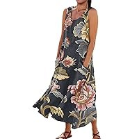 Women's Summer Dress 2024 Cotton Linen Crewneck Sleeveless Casual Dress Beach Vacation Flowy Sundress with Pockets