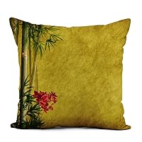 Linen Throw Pillow Cover Green Asian Orchids Bamboo Leaves on Old Antique Purple Home Decor Pillowcase 18x18 Inch Cushion Cover for Sofa Couch Bed and Car