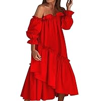 Summer Dress with Pockets Plus Size,Women's Loose Fitting Off Shoulder Long Sleeved Irregular Womens Sexy Casua