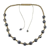 Silvesto India 6-10mm Round Beaded Hematite Yoga Adjustable Necklace with Brown Cord