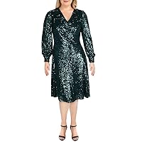 TAHARI Women's Long Sleeve Sequin Surplus Wrap Dress