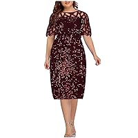 Cocktail Dresses for Women Plus Size Fashionable Sequin Glitter Short Sleeve Dress Stretch Fit and Flare Dresses