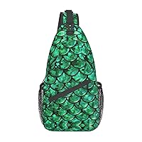 Green Fish Scales Sling Backpack, Multipurpose Travel Hiking Daypack Rope Crossbody Shoulder Bag