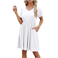 Women Puff Short Sleeve Mini Dress with Pocket V Neck High Waist Babydoll A-line Dress Pleated Loose Swing Sun Dresses