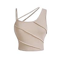 Women's Plus Size Solid Cut Out Asymmetrical Neck Ribbed Knit Crop Cami Top Sleeveless Slim Fit Tank Top