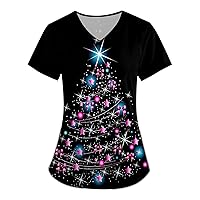 Women Scrubs Top Cute Christmas Printed V Neck Tee Shirt Work Stretch Scrub Uniform Nurse Medical Plus Size Shirt