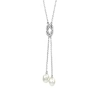 Sterling Silver Freshwater Cultured Pearl and Cubic Zirconia Pendant Chain Lariat Necklace 24''