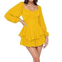 Womens Summer Dresses Casual Square Neck Puff Lantern Long Sleeve Mini Dress Tie Back Flowy Ruffle Double Layer A Line Dress