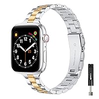 Thin Band Compatible with Apple Watch 40mm 38mm 41mm 42mm 44mm 45mm 49mm, Premium Stainless Steel Metal Replacement Adjustable Wristband Strap for iWatch Ultra SE Series 9/8/7/6/5/4/3/2/1 Women Men (Silver/Gold, 42mm 44mm 45mm 49mm)