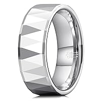 THREE KEYS JEWELRY Multi-faceted Tungsten Wedding Rings High Polished 8mm Silver Bands for Men Women