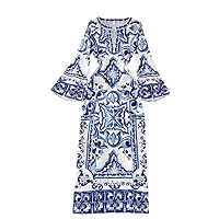 Summer Runway Porcelain Loose Long Dress Women O-Neck Flare Sleeve Floral Print Bohemian Side Split Maxi Vestidos