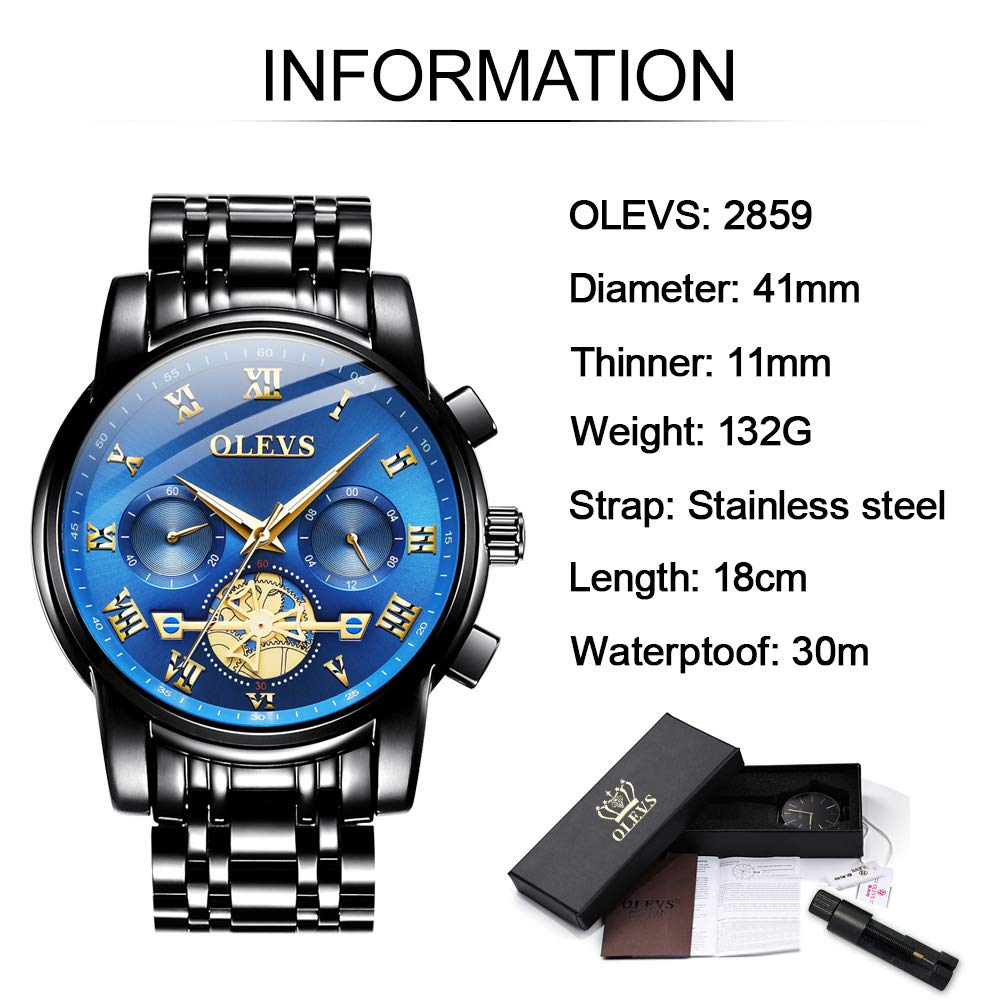 OLEVS Men’s Watch Analog Quartz Movement Business Stainless Steel Waterproof Luminous Chronograph Day Date Luxury Dress Business Big Face Rome Number Diamond Dial Male Wrist Watches