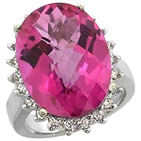 10k White Gold Diamond Halo Natural Pink Topaz Ring Large Oval 18x13mm, size 6.5