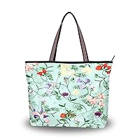 Spring Tote Bag for Women With Zipper Pocket Polyester Tote Purse Flower Butterfly Handbag